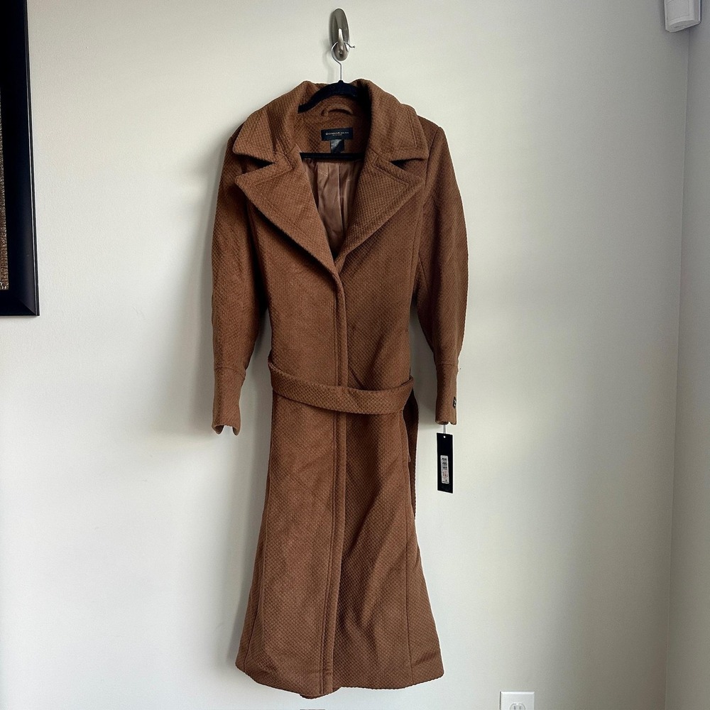 Donna‎ Karan New York Coat Womens 10 Camel Wool Blend Belted Wrap Long NWT